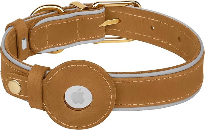 OOPSDOGGY Reflective Geniune Leather Airtag Dog Collar Soft Padded Collars for Small Medium Large Breed Dogs Puppy, 4 Sizes, 7 Colors (Camel, Small, 9"-12")-Mewly Pet