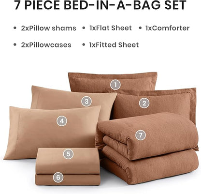 Monbix Queen Comforter Set - 7 Pieces Cationic Dyeing Autumn Leaf Bed in a Bag Queen Bedding Sets with Comforter, Sheets, Pillowcases & Shams, Reversible Bedding Comforters Sets