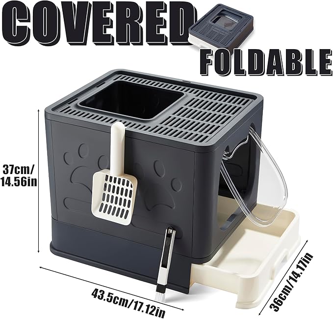 Gefryco Litter Box with Lid for Small to Medium Cats, Enclosed Cat Litter Box with Cover，High Sided Top Entry Cat Box with Brush and Scoop, Cute Kitty Litter Pan with Drawer for Growing Kitten(Black)-Mewly Pet