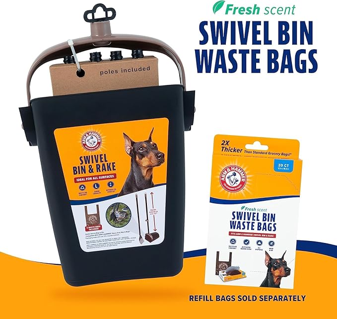 Arm & Hammer Dog Pooper Scooper Swivel Bin & Rake, Poop Scoop for Dogs, Black (2 Heavy Duty Scented Waste Bags Included)-Mewly Pet