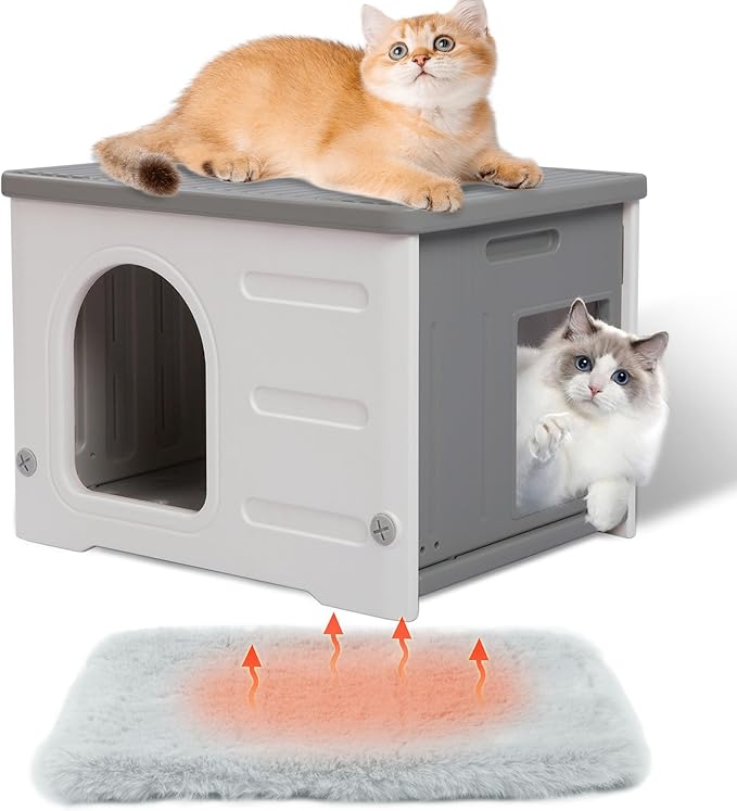 Rockever Plastic Cat House Outdoor with Escape Door, Waterproof Feral Cat House Outdoor Indoor, Sturdy Cat House for Outdoor Cats with Cat Bed Mat, Assemble Easily-Grey-Mewly Pet