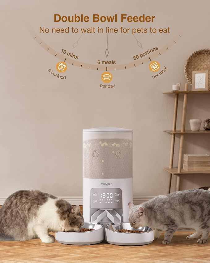 Automatic Cat Feeder for 2 Cats - Cat Food Dispenser with Double Bowls 6L, 10S Voice Recorder Programmable Timed Cat Feeder up to 6 Meals per Day-Mewly Pet