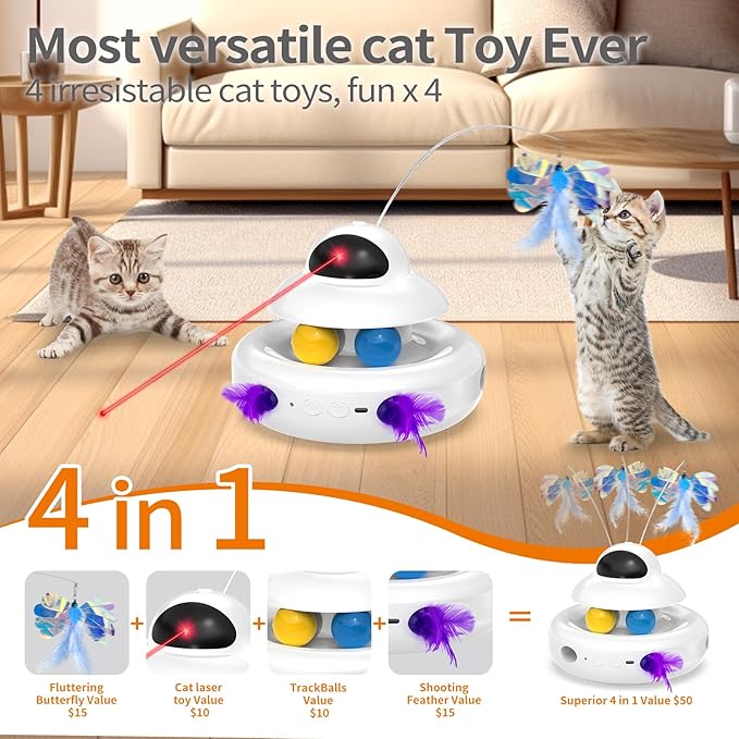 Interactive Cat Toys for Indoor Cats,4-in-1 Automatic Kitten Toy,Motion Activated Electronic Fluttering Butterfly,Track Balls, Moving Feather Toys for All Breeds,USB Rechargeable-Mewly Pet