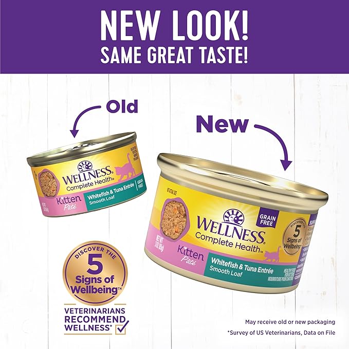 Wellness Complete Health Pate Kitten Wet Cat Food Canned Food, Natural, Protein-Rich, Grain Free, 3 Ounce Cans, 24 Pack, (Whitefish & Tuna)-Mewly Pet