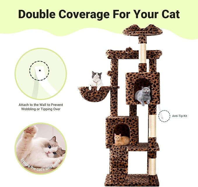 Allewie 64 Inches Cat Tree Tower/Multi-Level Activity Center for Indoor Big Felines/2 Plush Condos/2 Perchs/Basket/House/Sisal Scratching Posts/Hanging Cat Toys/Leopard Print-Mewly Pet