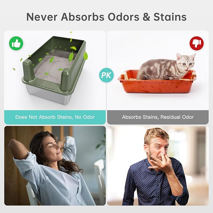 Enclosed Stainless Steel Cat Litter Box with Lid, XL Extra Large Litter Box for Big Cats, Metal Litter Pan High Sided, Never Absorbs Odors, Anti-Urine Leakage, Include Scoop (Green)-Mewly Pet