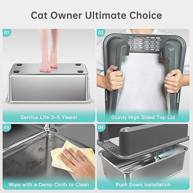Stainless Steel Litter Box with Lid, 14” XL Stainless Steel Cat Litter Box Enclosure, Extra Large Metal Cat Box, Non-Sticky, Anti Leakage, Easy Cleaning Litter Pan, Include Scoop (Gray)-Mewly Pet