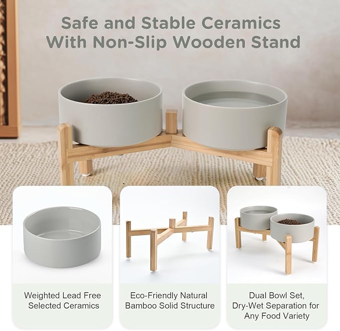 SPUNKYJUNKY Elevated Dog Bowls Ceramic, 7.3'' Dogs Food Water Bowls Raised with Non-Slip Bamboo Stand for Medium to Large Sized Breed Microwave Dishwasher Safe - 42 OZ,Grey-Mewly Pet