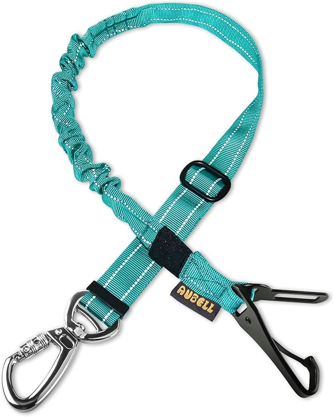 AUBELL Dog Seat Belt for Car,Updated 3-in-1 Adjustable Reflective Bungee Heavy Duty Dog Car Harness Tether with Clip Hook Latch & Buckle,Swivel Zinc Alloy Carabiner,Teal-Mewly Pet