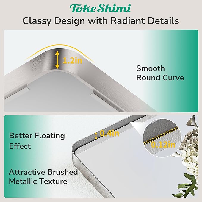 TokeShimi 72x36 Brushed Nickel Bathroom Mirror,Tempered Glass,Bathroom Wall Mirror with Seamless Aluminum Frame,Modern Bathroom Vanity Mirror Shatterproof(Horizontal/Vertical)