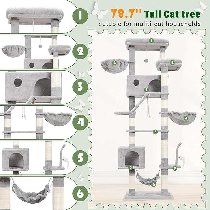 Cat Tree for Large Cats, 78.7"(200cm) Tall Cat Tower for Indoor Cats Multiple Cats with Large Top Perch, Cat Condo, Cat Hammcok, Cat Scratching Post, Light Gray GCT031W-Mewly Pet