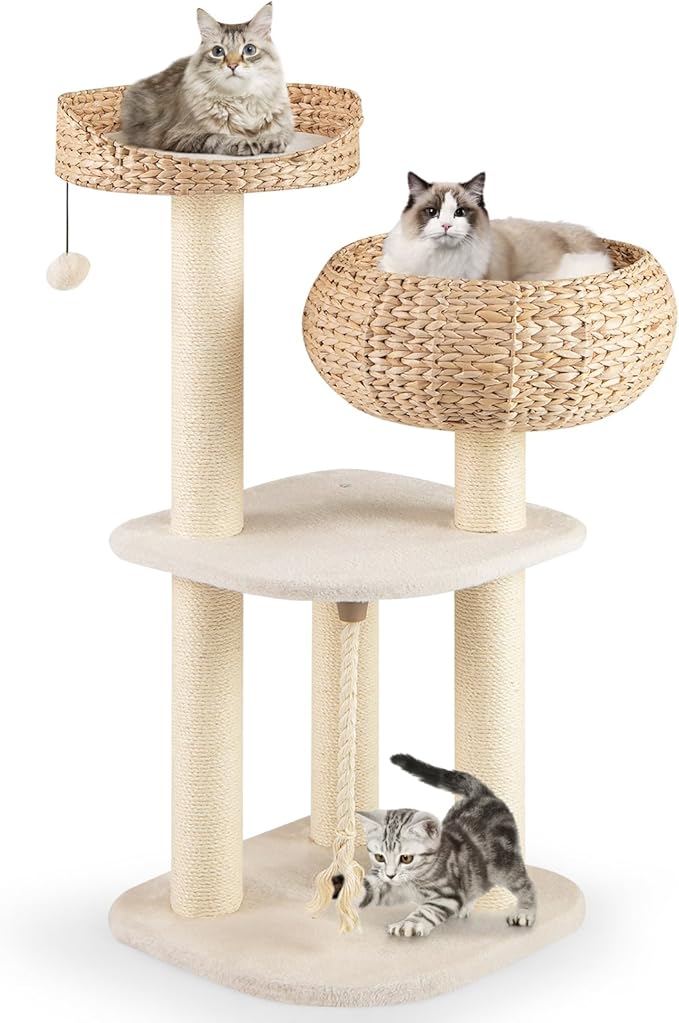 Tangkula Modern Cat Tree, Tall Cat Tower with Natural Sisal Scratching Post, Hand-Made Wicker Cat Condo & Top Perch, Funny Hanging Toy Ball, Cute Cat Tree Tower for Indoor Cats-Mewly Pet