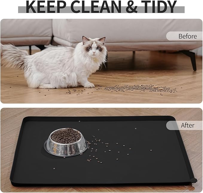 Waterproof Pet Feeding Mat with High Raised Edges, Heavier and Thicker Placemats for Cat Dog Water Bowl with BPA Free, Dogs Cats Food Mats for Messy Drinkers to Prevent Spill and Protect Floors-Mewly Pet