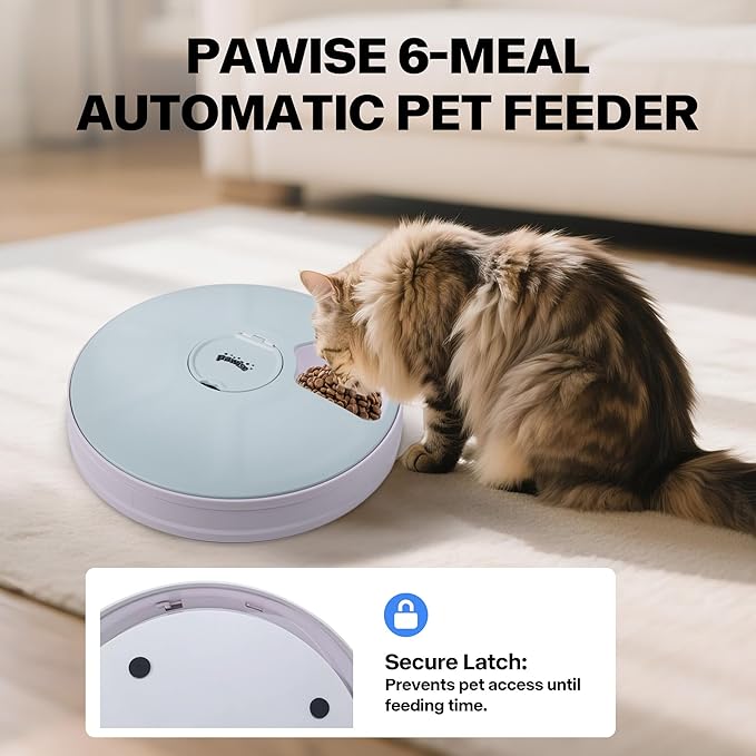Pawise Automatic Cat Feeder, 6-Meal Programmable Pet Food Dispenser with Bird Chirp Sound Alert, Battery Operated, BPA-Free, Bonus Snack Ball Toy, for Cats & Small Dogs（Batteries Not Included-Mewly Pet