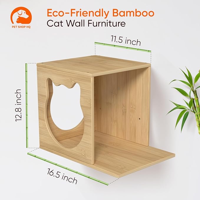 Cat Wall Furniture - Climbing Shelves, Ladders, Cat House, Hammock, Bed, Bridges, Walkways - Bamboo Material - Light Brown - Cat Furniture-Mewly Pet