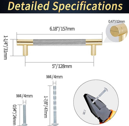 Knurled Cabinet Pulls 6 Pack, 6 Inch Long Cabinet Handles Metal Door Pulls, Kitchen Drawer Pull Knurled Dresser Handles - 5" Hole to Hole, Grey & Gold