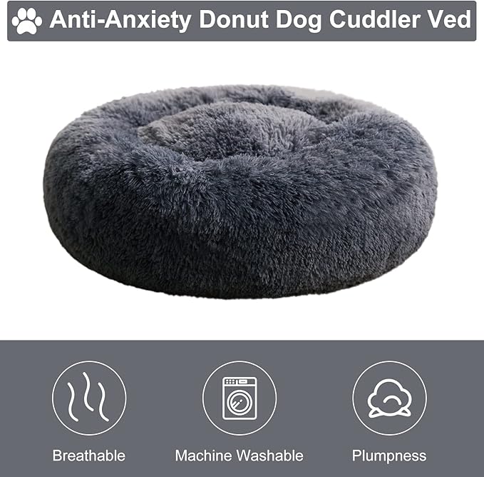 WNPETHOME Calming Dog Bed & Cat Bed, Anti-Anxiety Donut Small Dog Beds, Fluffy Faux Fur Cat Cushion Dogs Beds for Small Dogs and Cats (20 x 20 x 8 Inch, Navy Grey)-Mewly Pet