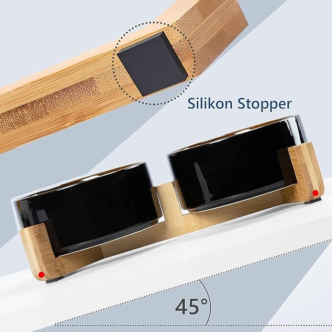 SPUNKYJUNKY Ceramic Dog and Cat Bowl Set with Wooden Stand, Modern Cute Weighted Food Water Set for Small Size Dogs (13.5OZ) & Medium Sized Dogs (28.7OZ) & Cats (3.6 Cups, 2 × Starry Blue)-Mewly Pet