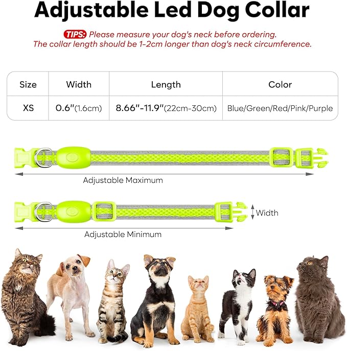 Flashseen LED Cat Collar,Light Up Dog Collar Rechargeable, Dog Lights for Night Walking, Comfortable Soft Mesh Pet Collar Adjustable for Cats Puppy and Small Dogs(Neon Green, XS)-Mewly Pet