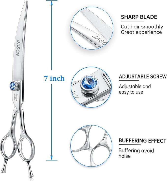 JASON 7" Curved Dog Grooming Scissors, Ergonomic Pets Cats Trimming Shears with Offset Handle and a Jewelled Screw for Right Handed Groomers, Sharp, Comfortable-Mewly Pet