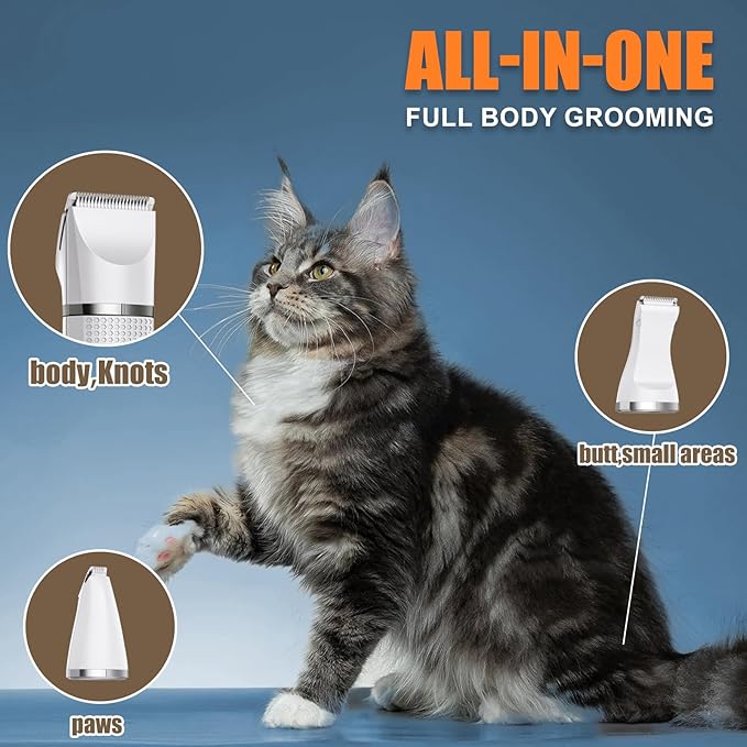Cat Grooming Clippers Kit with Paw Trimmer, 3 in 1 Electric Pet Hair Trimmer Supplies for Thick Matted Hair, Heavy Coat Butt Shaver Cat Razor Fur Trimmer for Dogs at Home-Mewly Pet