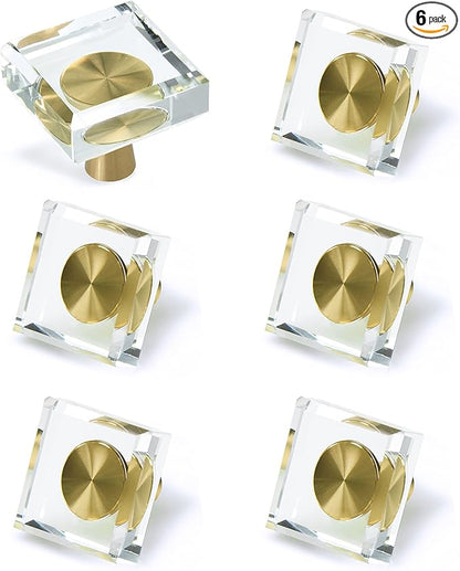 JEREVER 6 Pack Glass Crystal Knobs Brass Drawer Pull Cabinet Handle Gold Furniture Hardware for Dresser Kitchen (Square)