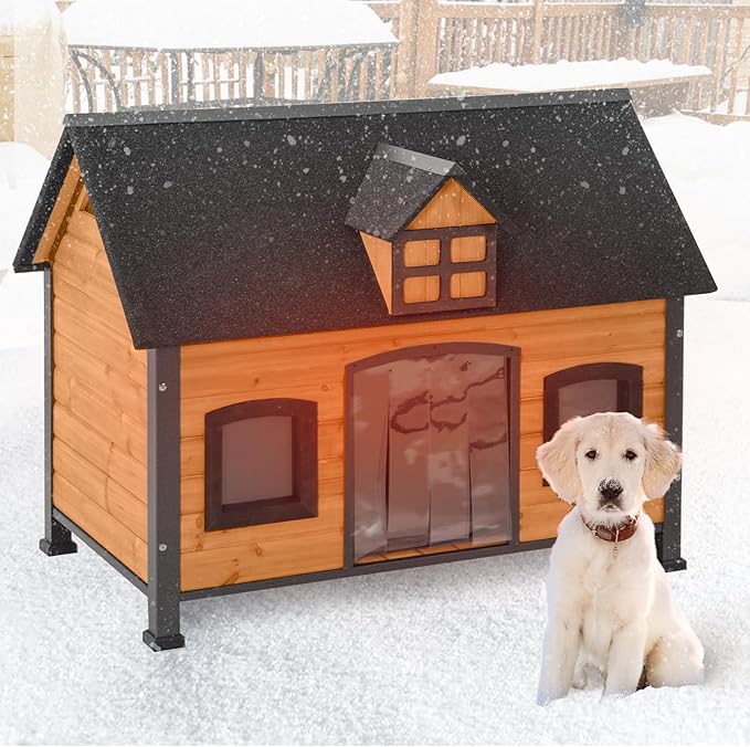 Aivituvin Dog House with Insulated Liner Anti-Chewing Metal Frame Design Insulated Wooden Dog Kennel with Unique Design Roof, Weatherproof Dog House for Outdoor Indoor-Mewly Pet