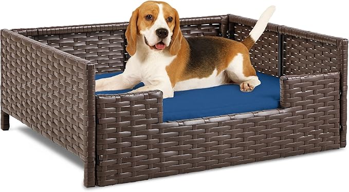 YITAHOME Rattan Dog Sofa Bed with Cushion,Wicker Pet Bed Sofa Couch Indoor Outdoor Water Unaffected for Large Medium Small Dogs Cats (24.8''L*19.7''W*9.8'',Blue)-Mewly Pet