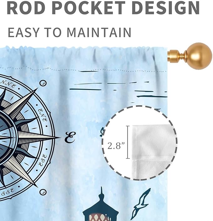 Nautical Curtains, Vintage Marine Coastal Sailboat Compass Anchor Ocean Beach Lighthouse Watercolor Blue Decorative Drapes for Bedroom Living Room Kitchen Bathroom Window 2 Panels Set, 55"x63" Inch