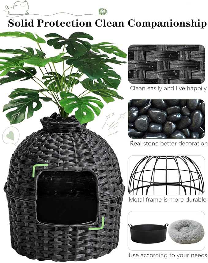Cat Litter Box Plant Furniture Enclosure, Hidden Handwoven Rattan with Cat Litter Box and Artificial Plants, Odor Control Filter, Real Stones in Living Room, Bedroom, Corner (Black)-Mewly Pet