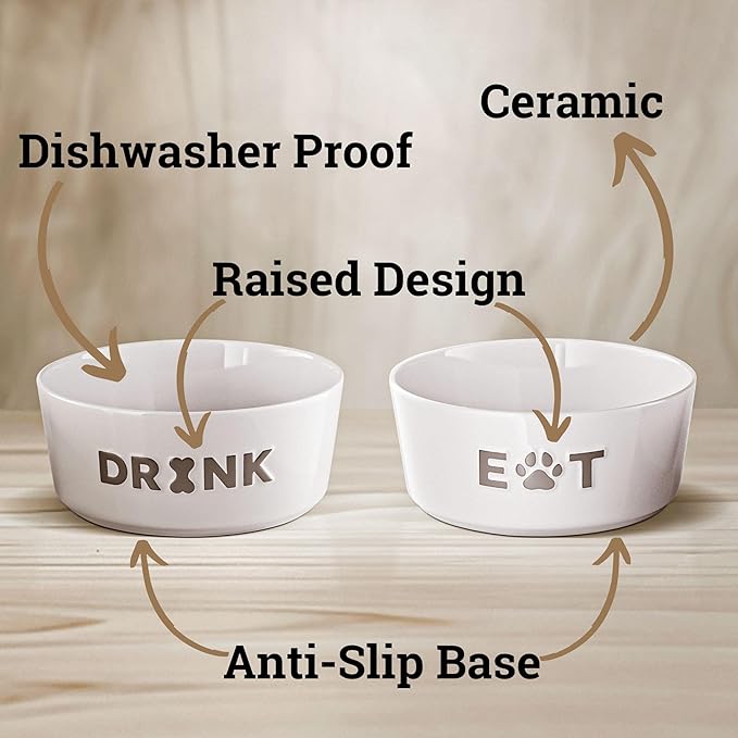 Ceramic Dog Bowl Set of 2 with Anti-Skid Base - 6.5" Wide x 2.5" Tall Ceramic Dog Bowls Medium Sized Dogs - 3.8 Cup Capacity Food and Water Bowls for Dogs - Rubber Bottom Pet Bowl Set of 2 Medium Size-Mewly Pet