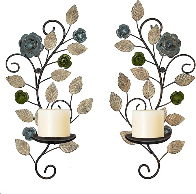 Wall Sconces Candle Holder Set of 2, Antique Multi-Color Leaf Branch Wall Mount Hanging Metal Wall Candle Holder Candle Sconce for Living Room Dining Room
