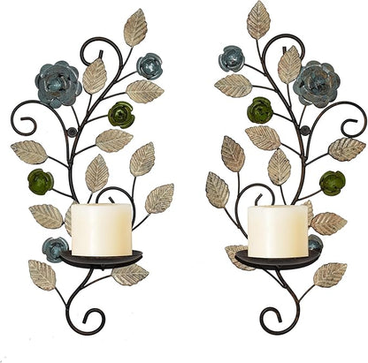 Wall Sconces Candle Holder Set of 2, Antique Multi-Color Leaf Branch Wall Mount Hanging Metal Wall Candle Holder Candle Sconce for Living Room Dining Room