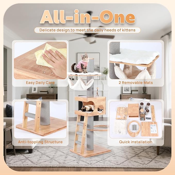 63-inch Modern Cat Tree, Luxury Cat Tower with Scratching Post, Unique Cat Condo with Hammock, Heavy Duty Kitty Climbing Tree for Indoor Cat, Wooden Kitty House for Small Medium Large Cats-Mewly Pet