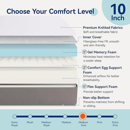 Amazon Basics Memory Foam Mattress, Medium Firm, 10 Inch, King, White/Grey