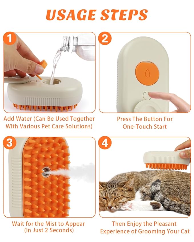 6 in 1 Cat Steam Brush for Shedding, Portable Anti-Static Grooming Comb for Cats & Dogs, Steam Misting Water Brush, Self-Cleaning Pet Hair Remover, Indoor Cat Spray Brushes for Cats & Dogs-Mewly Pet