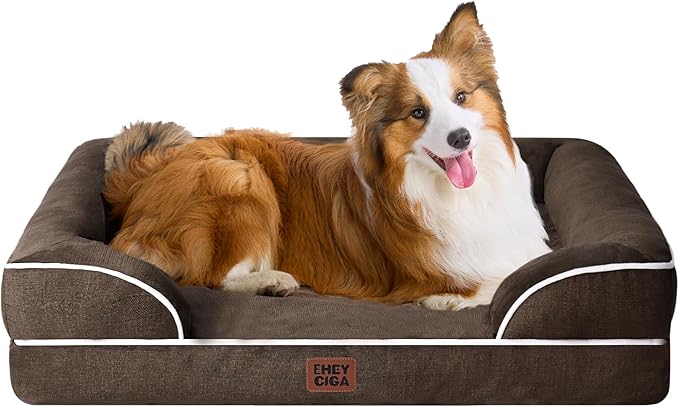 EHEYCIGA Orthopedic Dog Beds for Large Dogs, Waterproof Memory Foam Large Dog Bed with Sides, Non-Slip Bottom and Egg-Crate Foam Pet Couch Bed with Washable Removable Cover, Brown-Mewly Pet