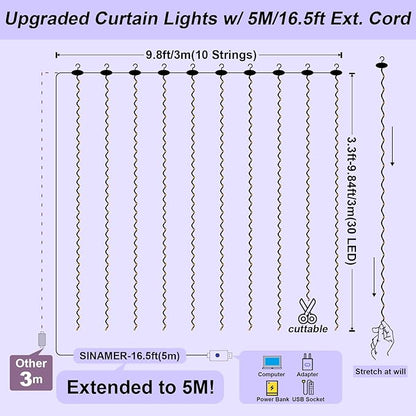 Upgrade 300 LED Curtain Light, 9.8ft x 9.8ft Copper Wire String Lights, USB Powered Hanging Window Fairy Lights, 8 Lighting Modes, Remote Control for Home Christmas Wedding Party, White