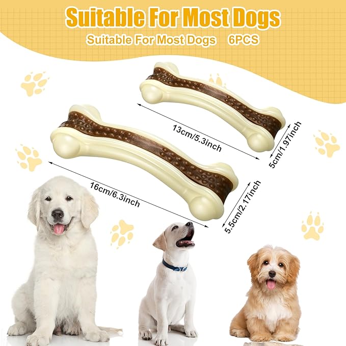 Sosation 6 Pcs Dog Toys for Aggressive Chewers Nylon Beef Flavor Bones Tough Puppy Teething Toys Puppy Chew Bones for Large Medium Small Breed Dogs Puppies Pets Chew Toys(Large Medium)-Mewly Pet