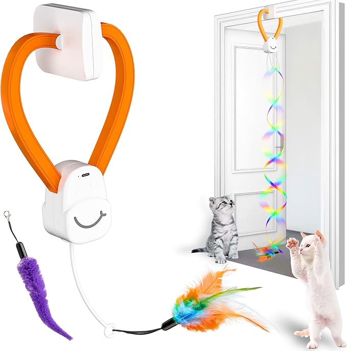 Interactive Cat Toy,Automatic Cat Toy for Indoor Cats,Hanging Door Clip Ribbon 360° Rotation,Feather & Rainbow Cat Stimulating Ribbons Cat Toys for Bored Adult/Kitten Exercise-Mewly Pet