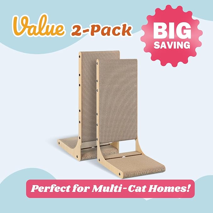 2-Pack Cat Scratching Board, 25.6'' Tall Cardboard L Shape Vertical Cat Scratchers for Indoor Cats, Cat Scratching Post for Wall and Couch, Large-Mewly Pet