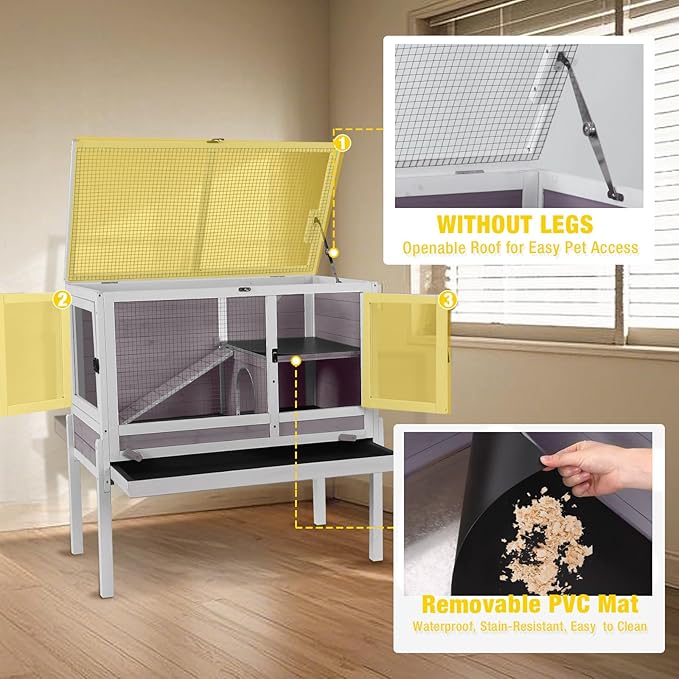 Aivituvin 2-Story Rabbit Hutch with Anti-Chew Ramp & Zinc Sheet - 36.6" Indoor Guinea Pig Cage, Wooden Stand, Pull-Out Tray & Leakproof Floor (Grey)-Mewly Pet