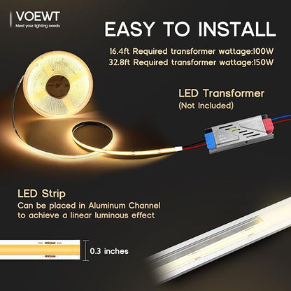 COB LED Strip Lights Daylight White 6000K,16.4ft 24V High CRI 95Ra+ Super Bright,Flexible Tape Lights for Bedroom,Mirror,Kitchen Cabinet, Living Room(Power Supply Not Included)