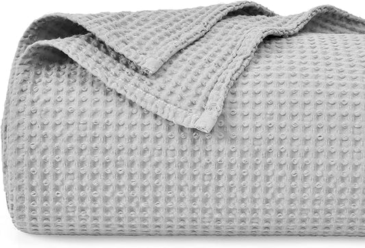 PHF 100% Cotton Waffle Weave Blanket Queen Size for Bed,Snag Proof Lightweight Breathable Moisture-Wicking Throw for Couch,Great for Layering in Cold Weather,Home Decor Gift-Light Grey