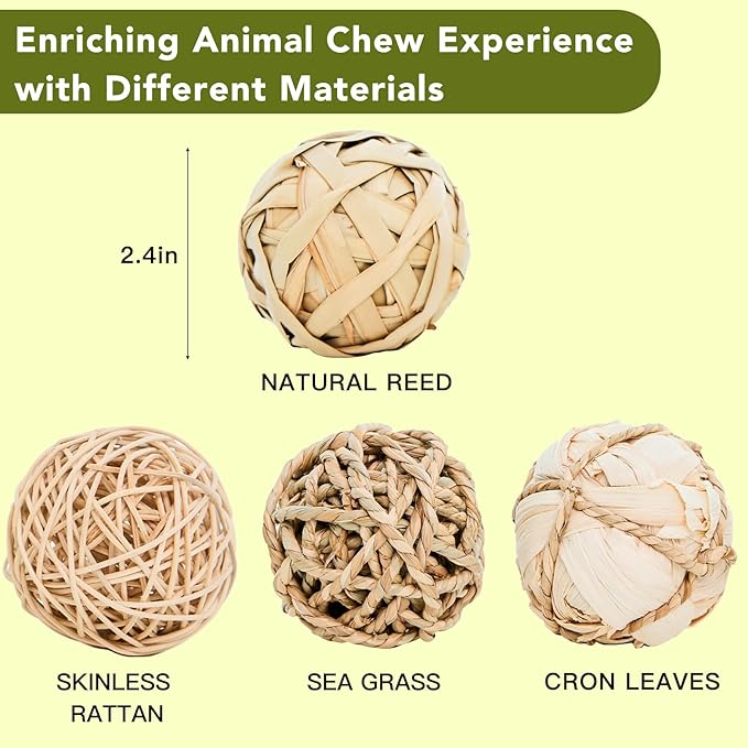 8 Pack Small Pet Chew Toys - 7cm Natural Woven Balls for Rabbits, Guinea Pigs, Hamsters (2 Seagrass, 2 Rattan, 2 Corn Husk, 2 Seaweed Rope) - Safe Dental Grinding Toys-Mewly Pet