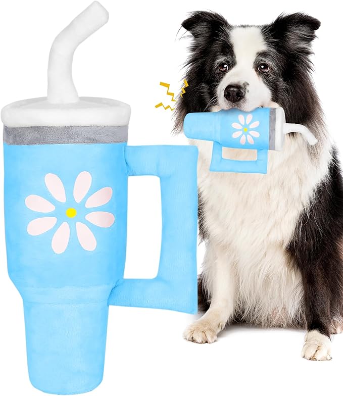 Squeaky Dog Toy - Crinkle Pup Cup Tumbler Plush Dog Toy with Cute Daisy Design for Small Medium Breeds, Funny Interactive Puppy Birthday Gift (Blue)-Mewly Pet