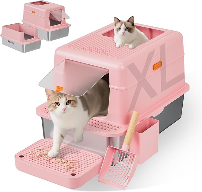 Stainless Steel Litter Box with Lid, 20L Metal Enclosed Litter Box for Big Cat, Flip-Top Design with Anti-Leakage High Sides, Large Cat Lovers Gifts (#2 Pink)-Mewly Pet