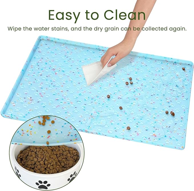 Ptlom Dog Food Mat Anti-Slip Dog Bowl Mats for Food and Water, Waterproof Pet Placemat Prevents Messy Spill to Floor, Silicone Puppy Feeding Tray for Small, Medium and Large Dogs Cats, Blue-Mewly Pet