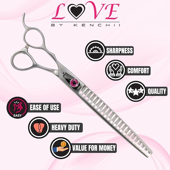 Kenchii Love Left Handed Dog Grooming Scissors, 22 Tooth Blender Shears, Dog Scissors for Grooming, Professional Pet Grooming Scissors, Ergonomic & Comfortable-Mewly Pet