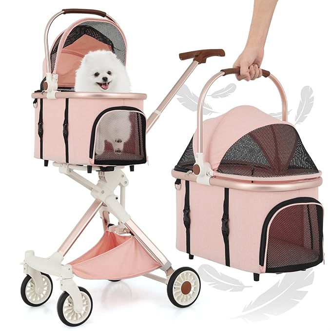 MoNiBloom 3 in 1 Pet Stroller with Adjustable Handle, Jogging Stroller w/Detachable Carrier & Lightweight Aluminum Frame for Dogs Cats, Soft Pink-Mewly Pet